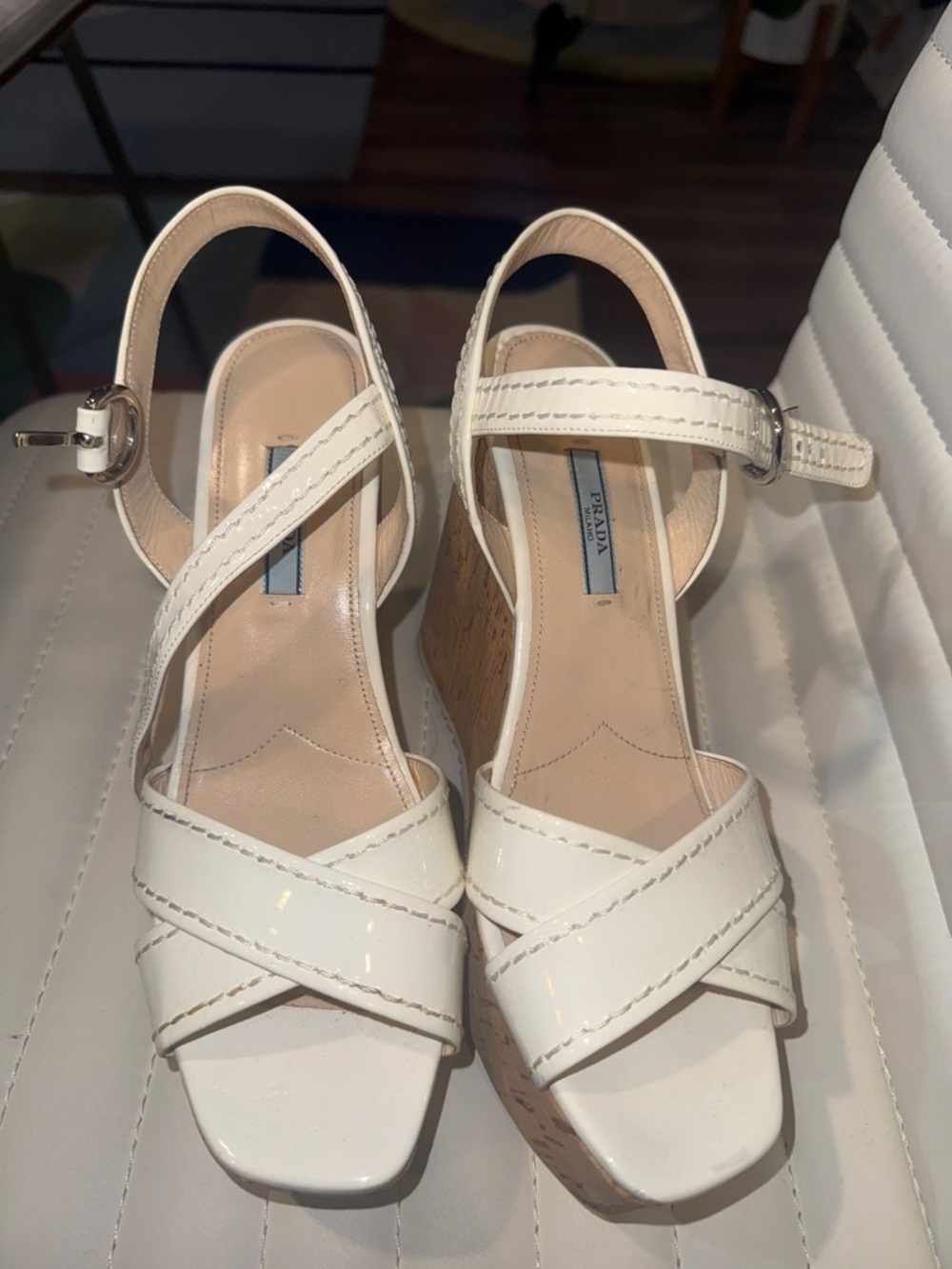 Prada Cream Patent Leather Cross-Strap Wedge Sandals
